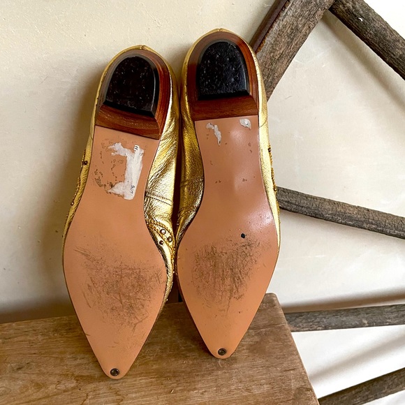 SBICCA LAMPLIGHTERS Vtg 80’s Gold Metallic Leather Embroidered Beaded Flats 5B - Picture 7 of 11